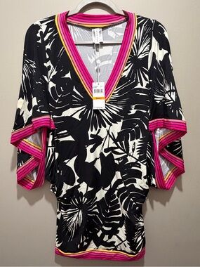Trina Turk V-Neck swim coverup Black & White w/ Pink & yellow trim